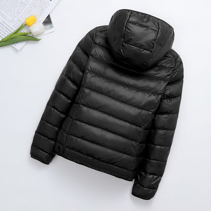 Light women's padded jacket, short, with hood