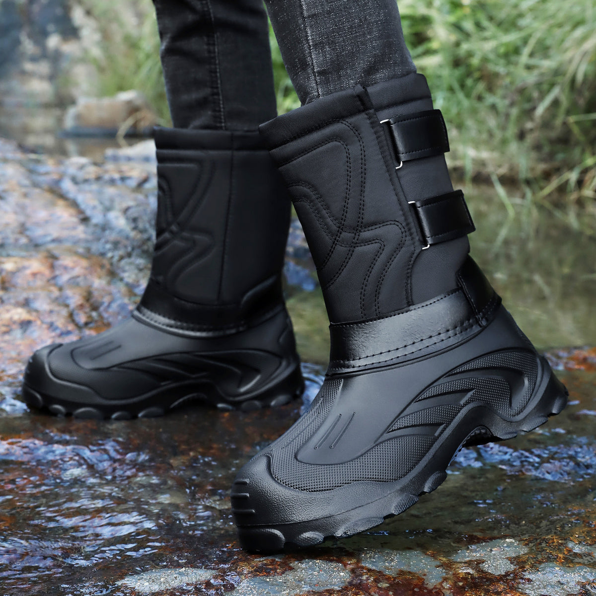Padded men's winter boots for slipping on