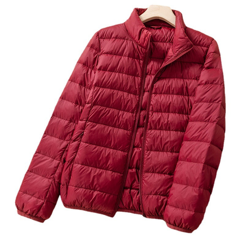 Light women's down jacket with stand-up collar