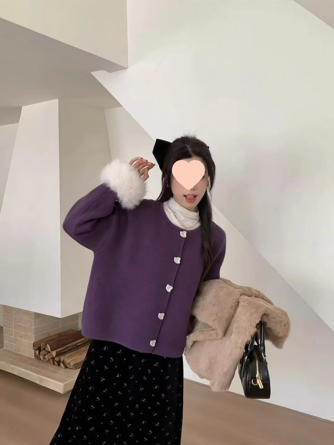 Cardigan with heart buttons and fluffy sleeves