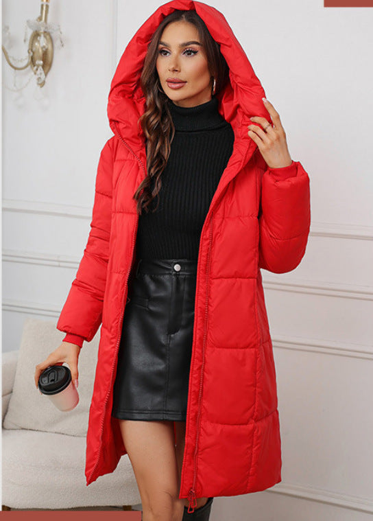Long, padded winter coat for women, knee-length