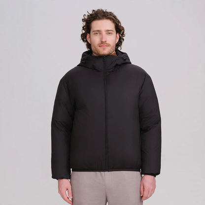 Men's down jacket, short, with hood, white duck down lining