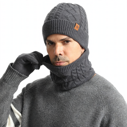 Knit set for men: beanie, scarf, and gloves
