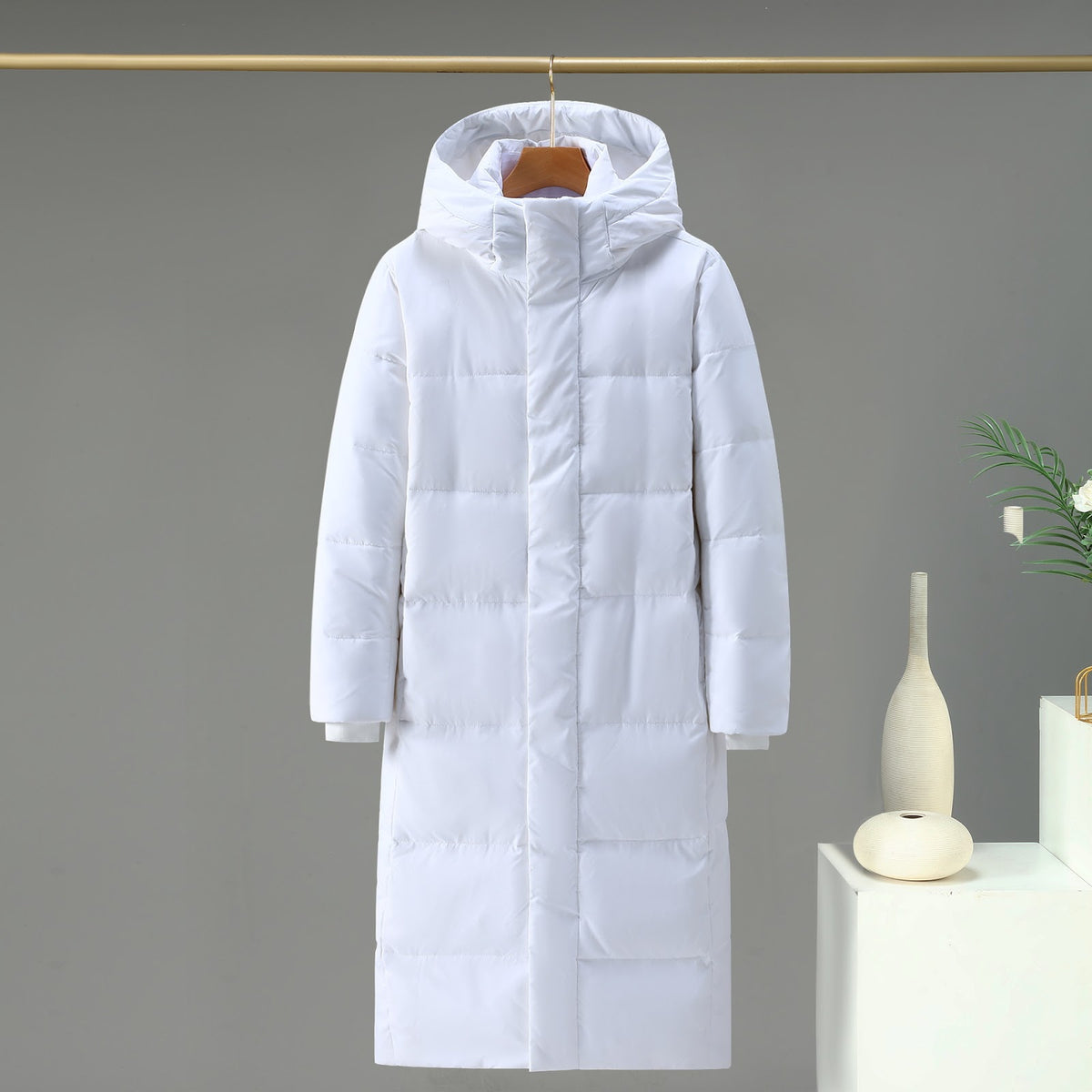 Long down coat, knee-length, white goose down