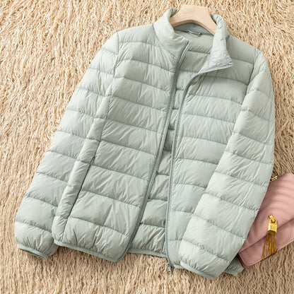 Light women's down jacket with stand-up collar
