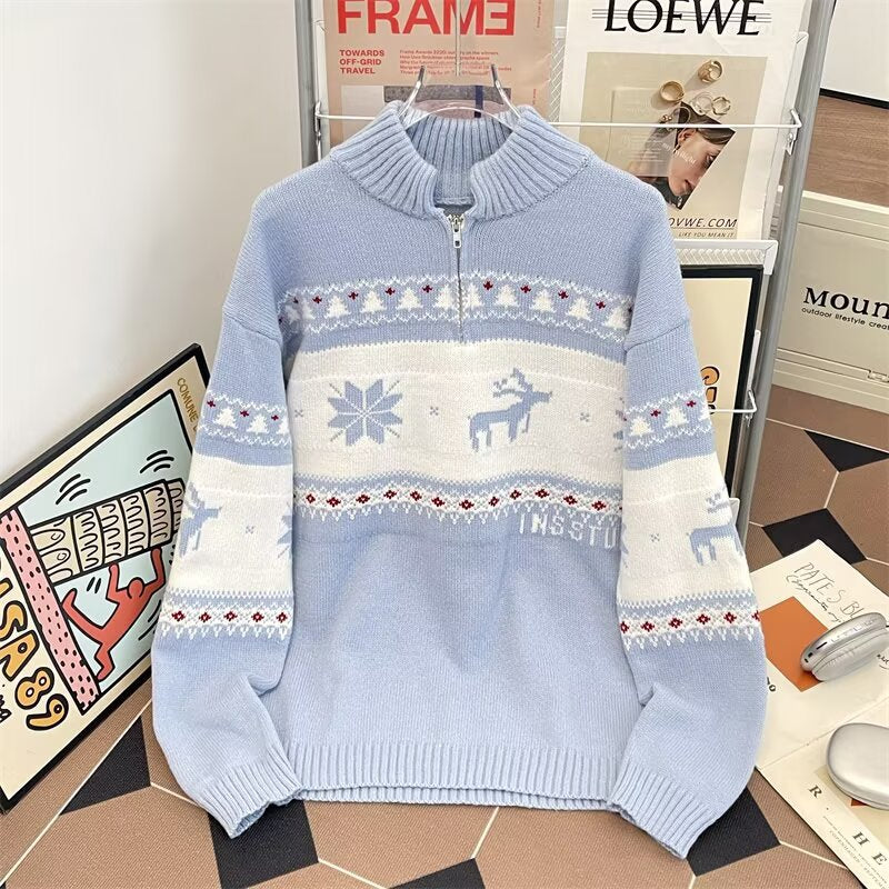 Knitted sweater with half zipper