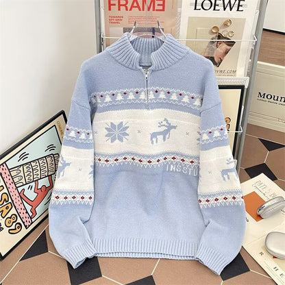 Knitted sweater with half zipper