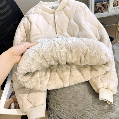 Short women's winter jacket with lamb fleece lining