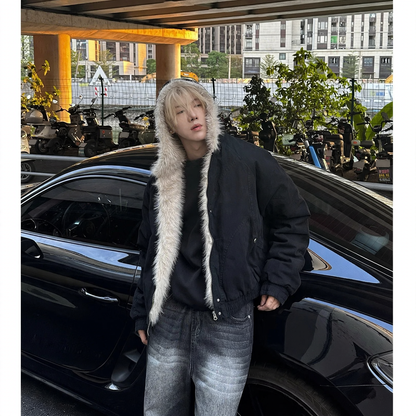 Men's winter jacket, short, with hood and fur collar