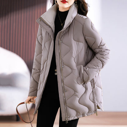 Long women's winter jacket with stand-up collar