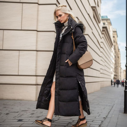 Longer, fitted women's winter coat with hood