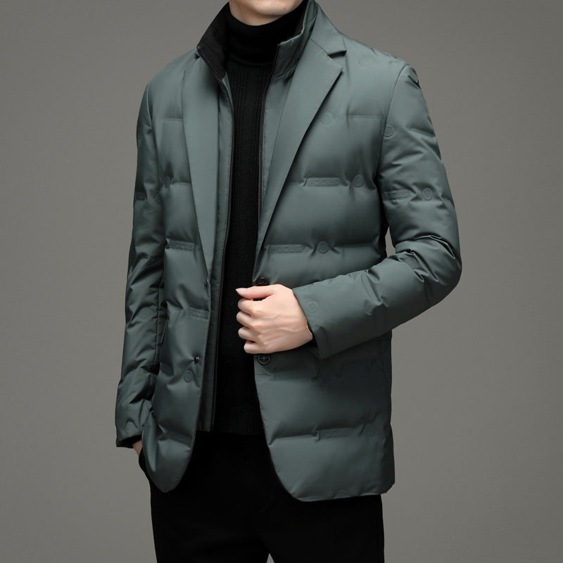 Men's down jacket, blazer style, detachable stand-up collar