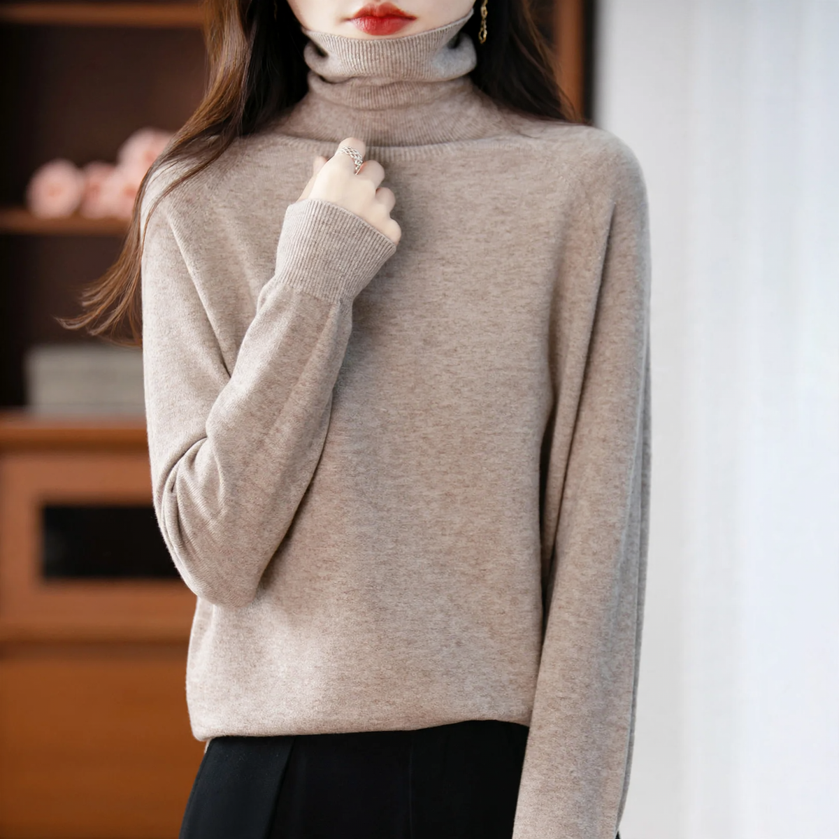 Ladies knit sweater with high collar, loose