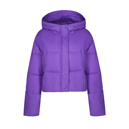 Short quilted jacket for women with stand-up collar and button placket