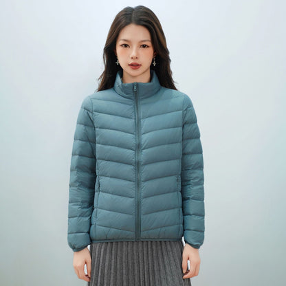 Light women's down jacket with stand-up collar