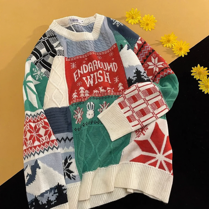 Retro knitted sweater with cable pattern and rabbit application