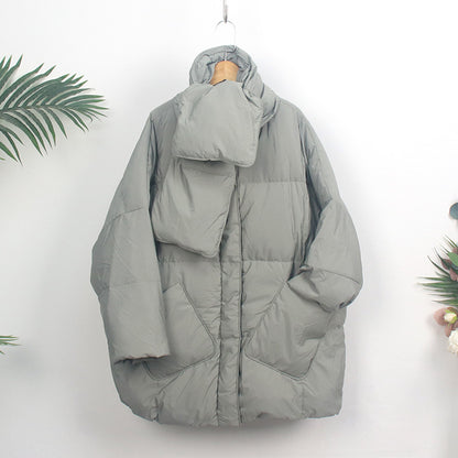 Women's down coat with scarf, medium length, loose fit