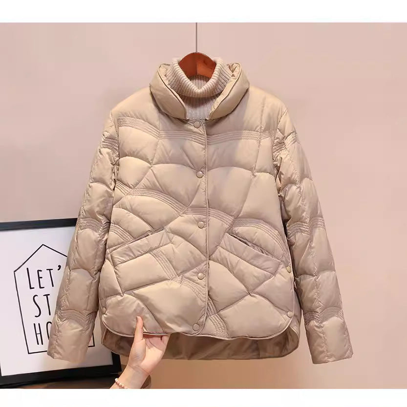 Short women's down jacket with standing collar