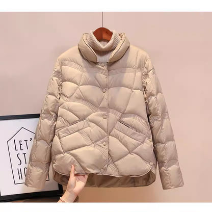 Short women's down jacket with standing collar