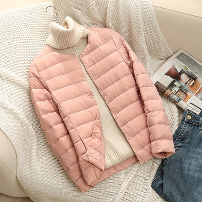 Light women's down jacket, short, with duck down