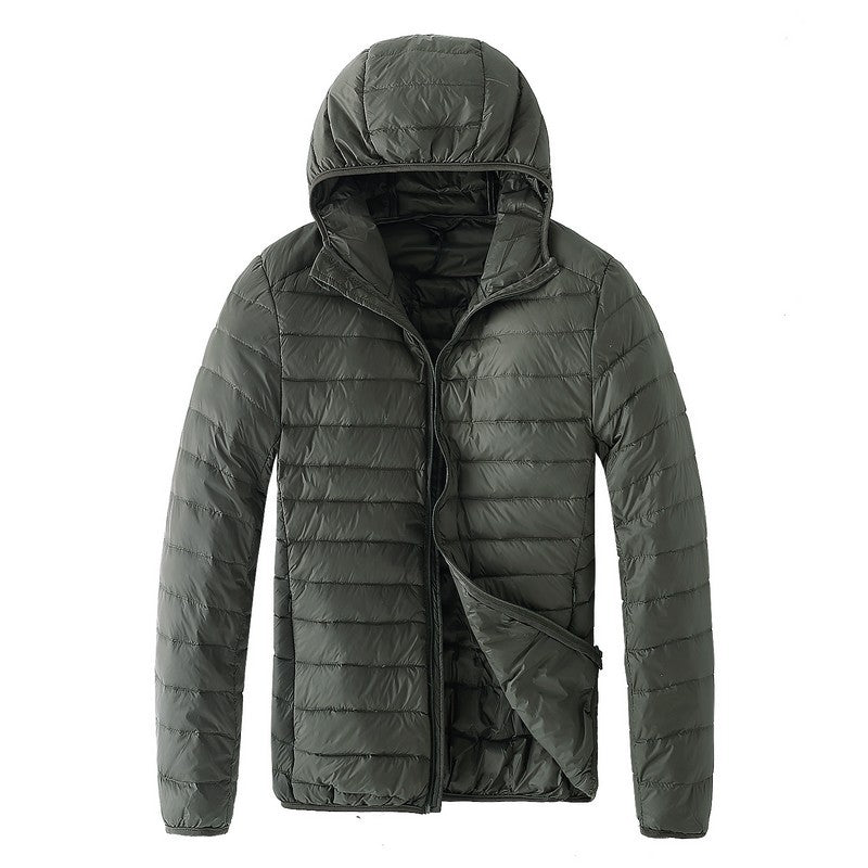 Men's down jacket, lightweight, with storage bag
