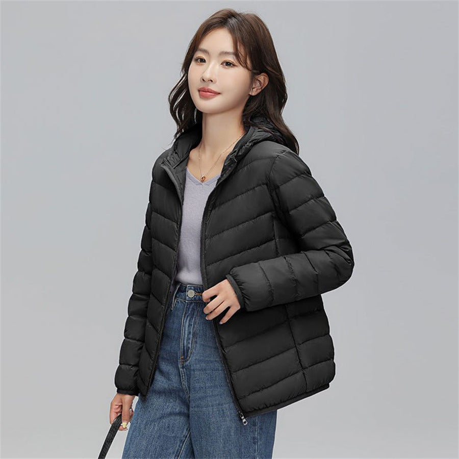Women's down jacket, short, with hood, light and warm