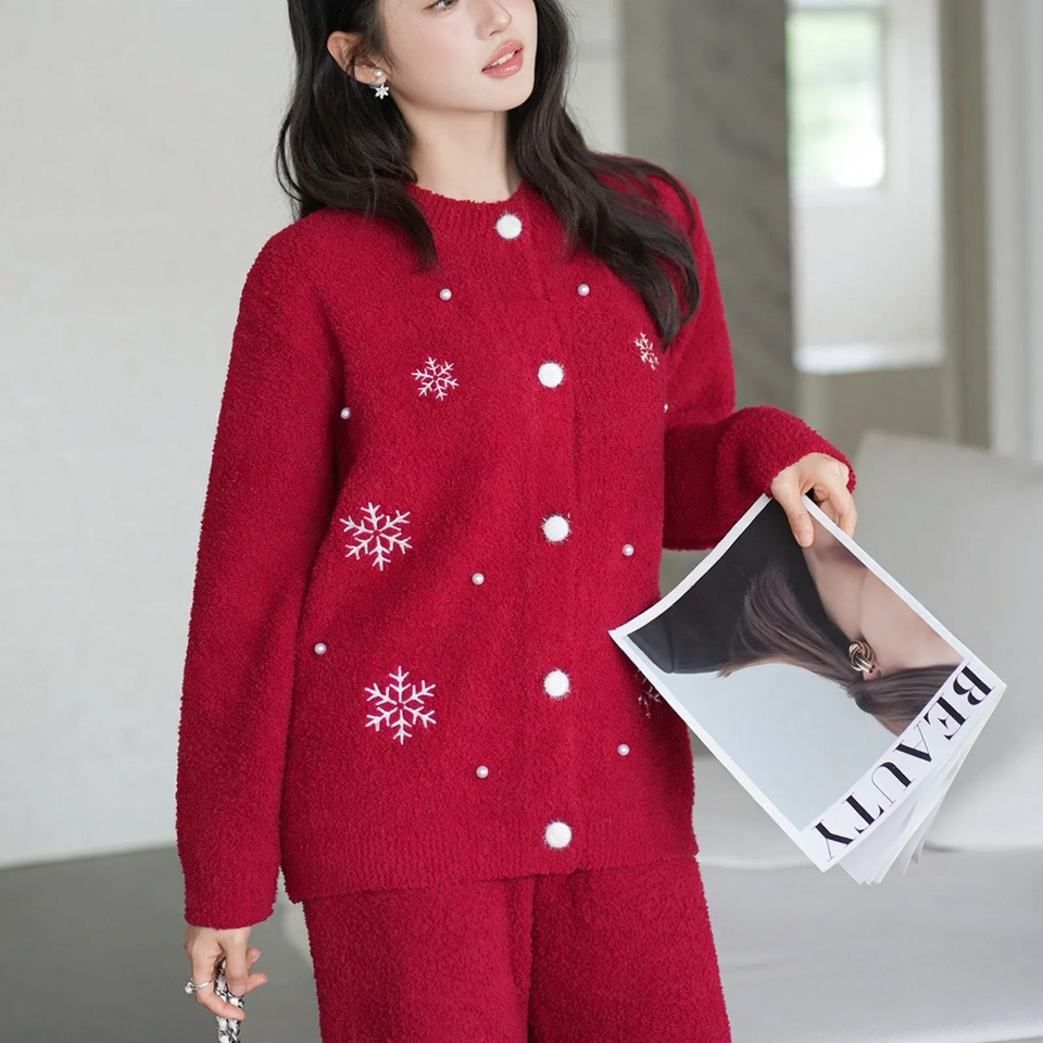 Soft flannel home suit set, red, winter