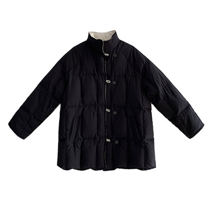 Reversible down jacket with stand-up collar