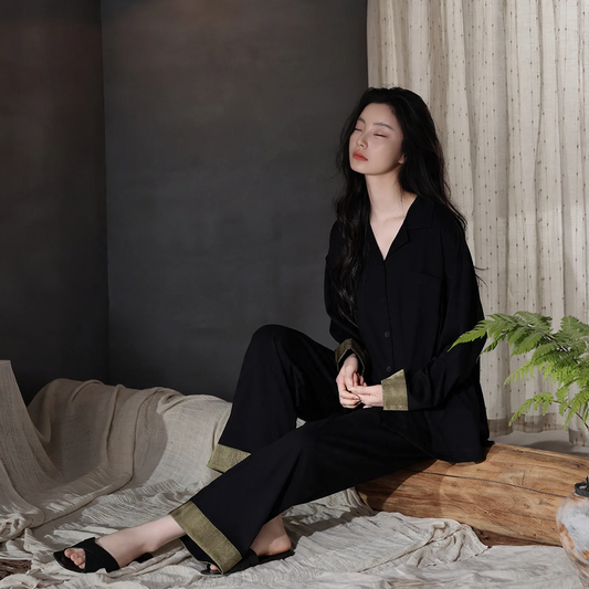 Cotton pajama set with button placket, long sleeves