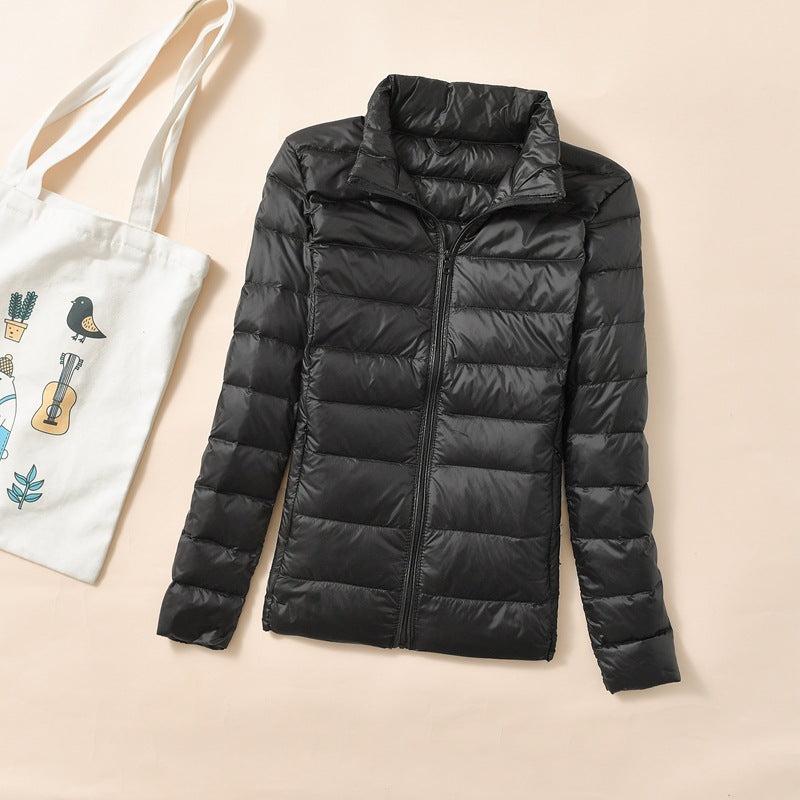Women's down jacket, short, stand collar, fitted, with duck down