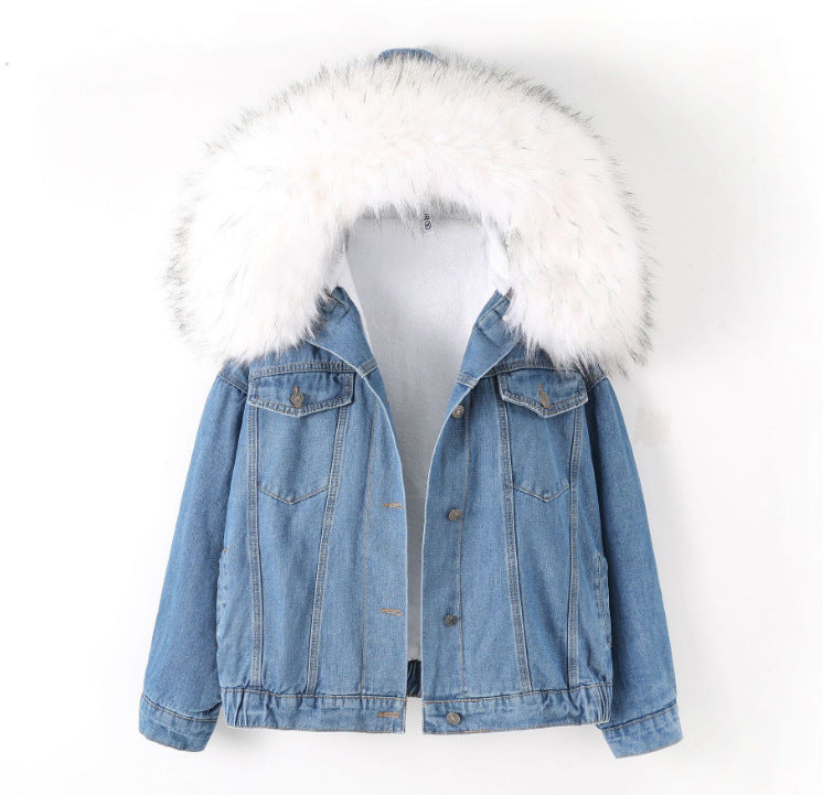 Short denim jacket for women with warm interior lining