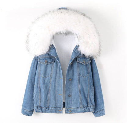 Short denim jacket for women with warm interior lining