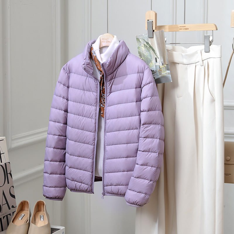 Light women's down jacket, standing collar, 90% duck down