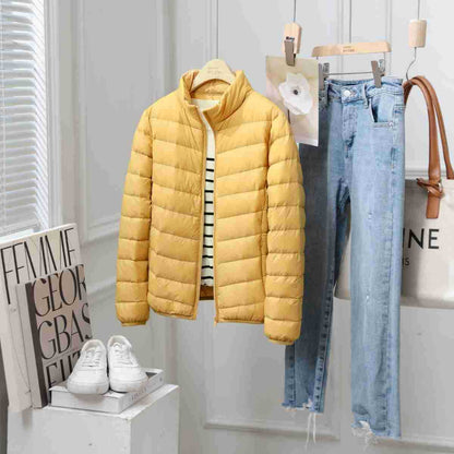 Light women's down jacket with stand-up collar, white duck down