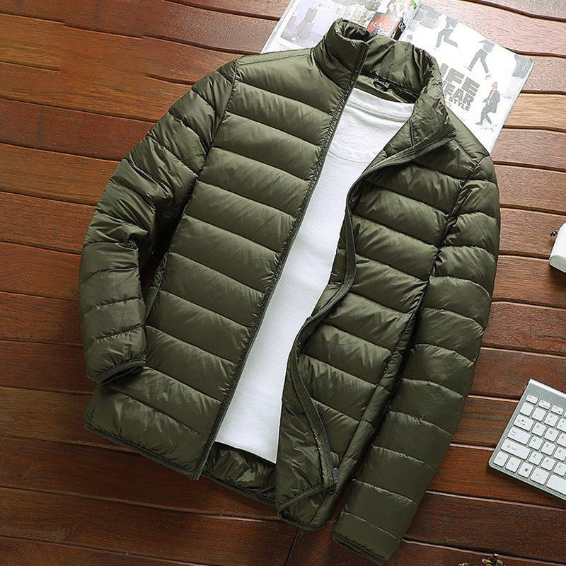 Light men's quilted jacket with stand-up collar