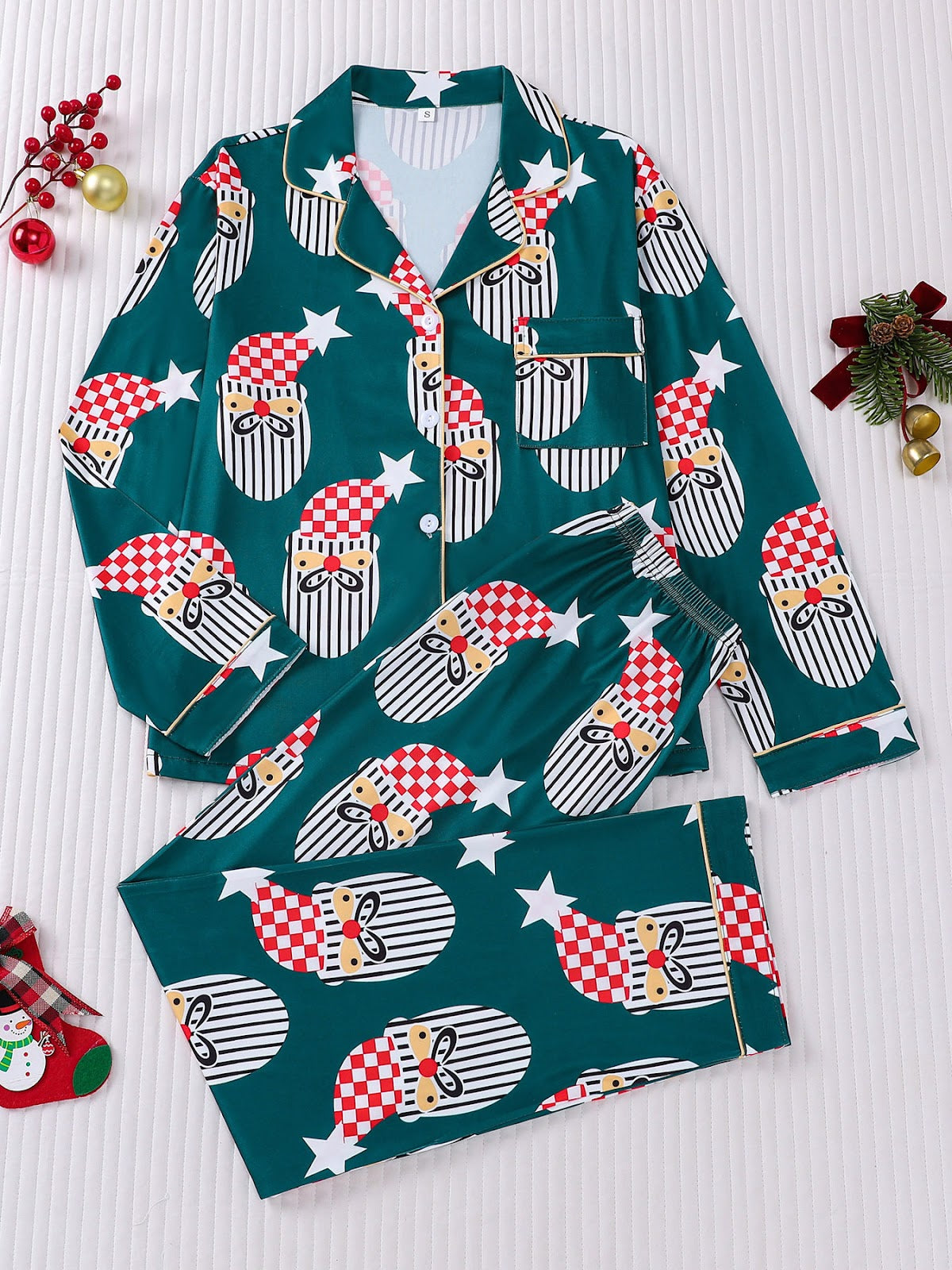 Women’s Pajama Set, Long Sleeve, Christmas Motif, Notched Collar