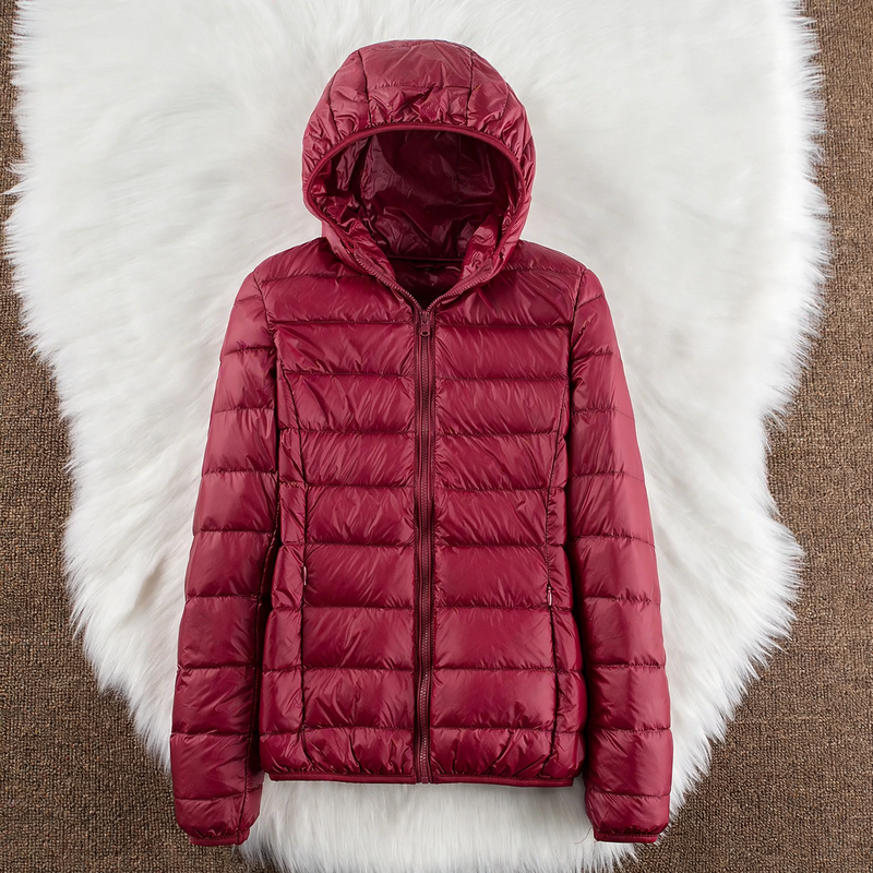 Light women's down jacket with hood and stand-up collar
