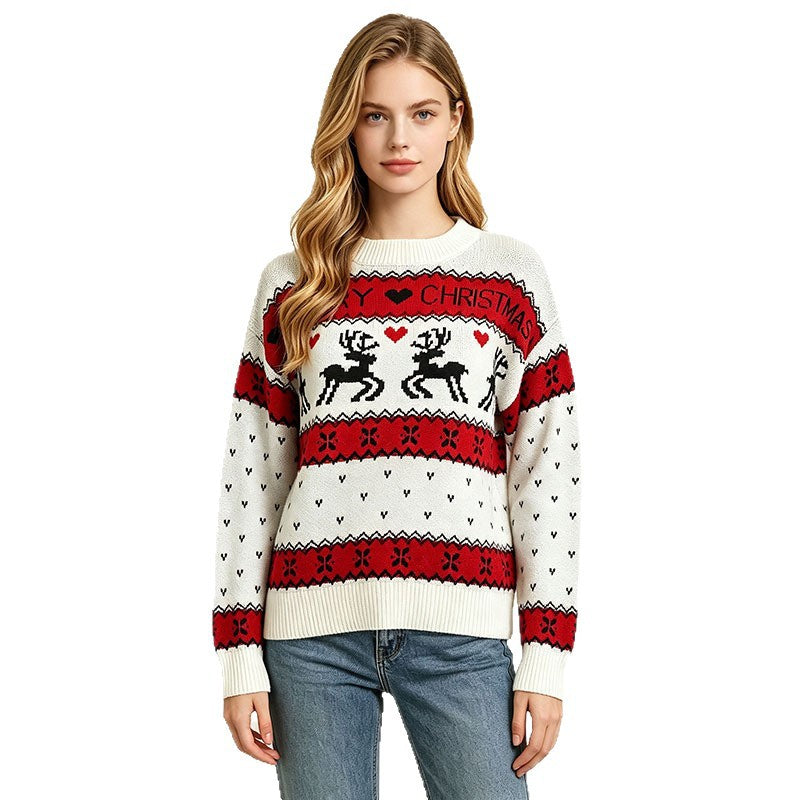 Loose Women's Christmas Sweater with Reindeer Jacquard