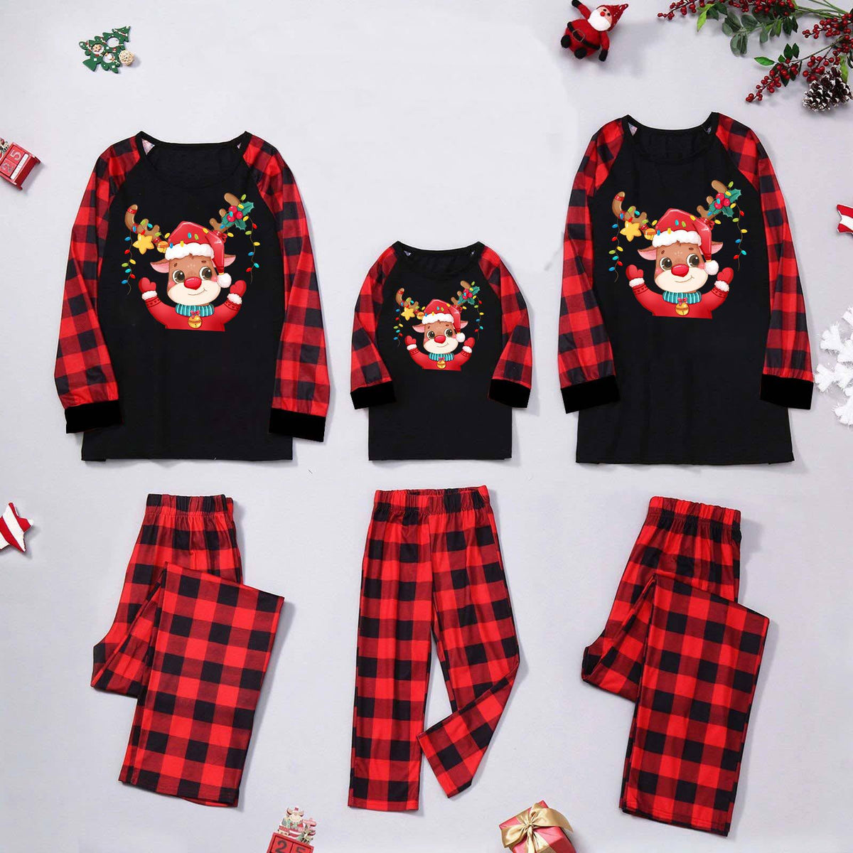 Christmas Pajama Set for the Family, Long Sleeve, Checkered Pattern