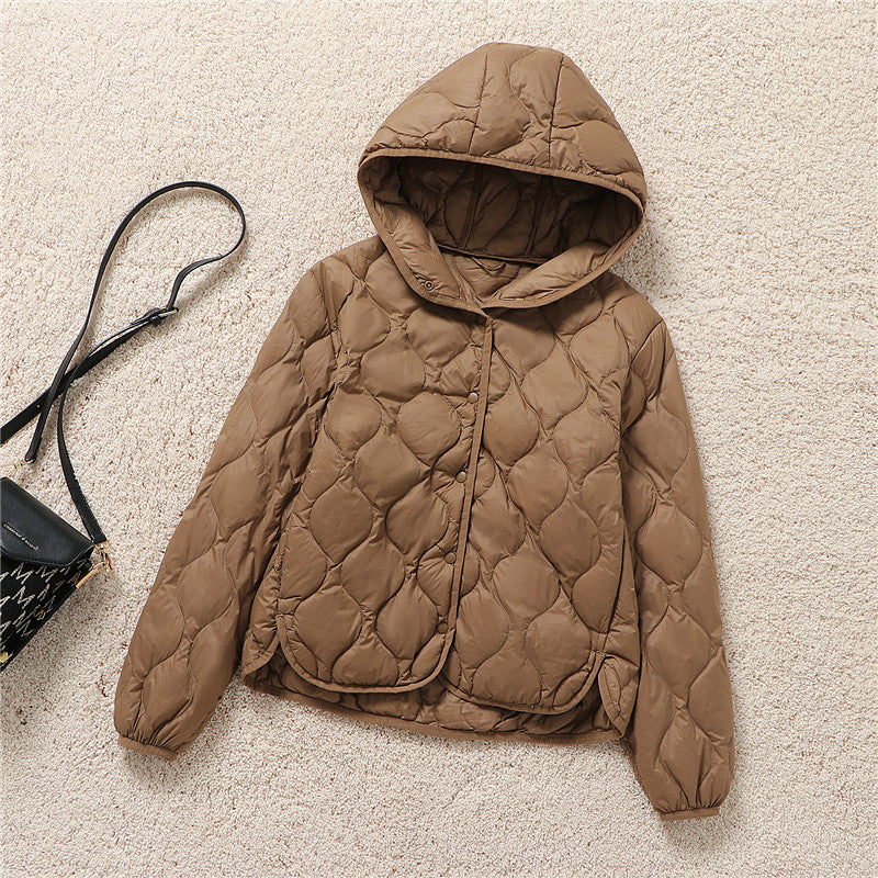 Light women's down jacket, short, with hood