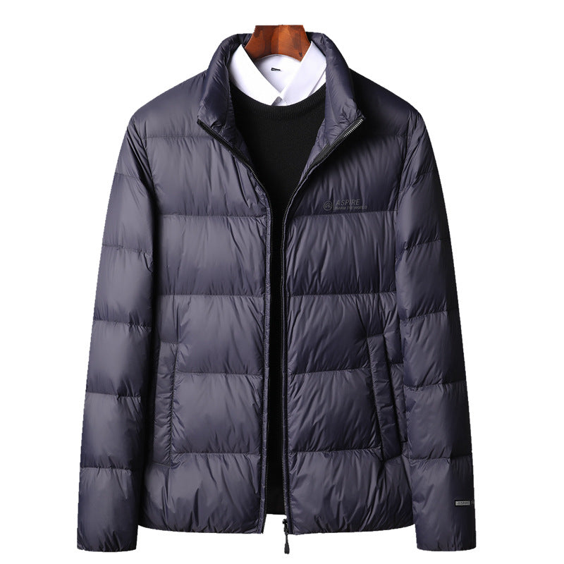Warm men's down jacket with hood