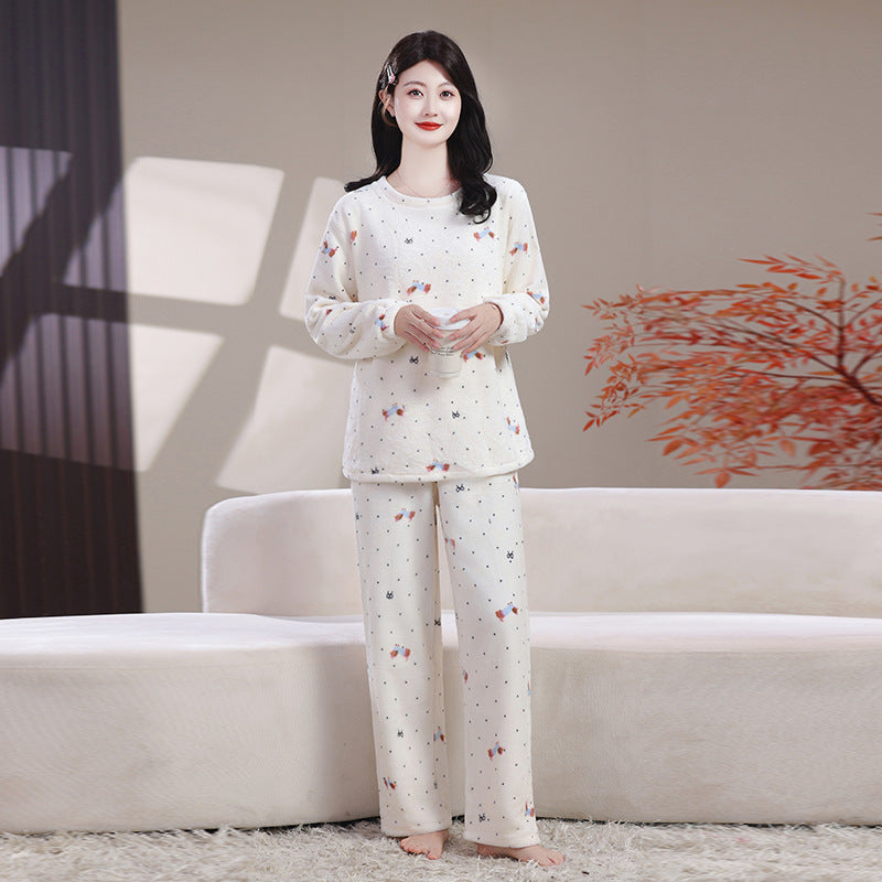 Women's Pajama Set, Flannel and Coral Fleece, warm and loose