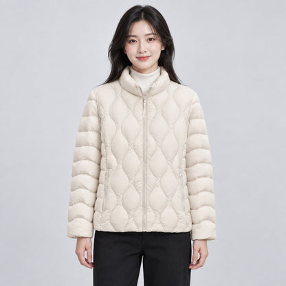 Light women's down jacket with stand-up collar and wave pattern