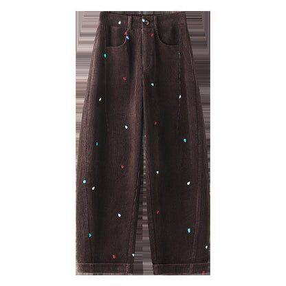 Women's corduroy pants, high-waisted, embroidered