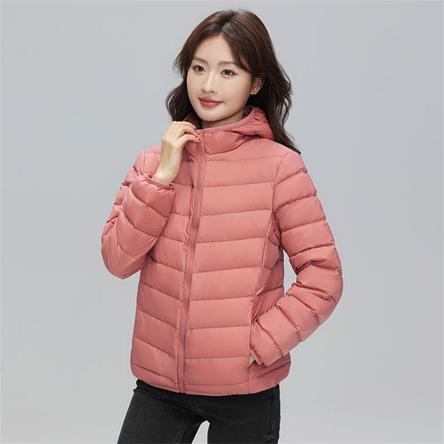 Women's down jacket, short, with hood, light and warm