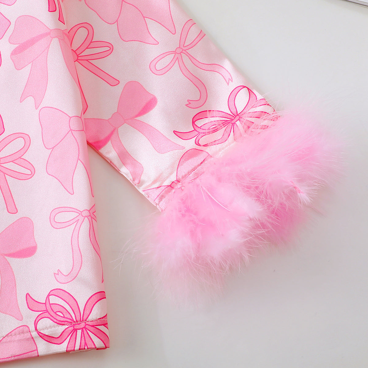 Girl's Pajama Set with Bow and Christmas Print