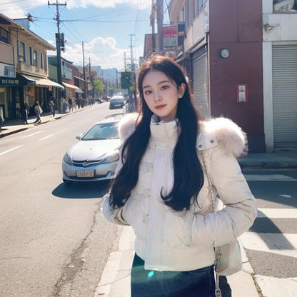 Short women's winter jacket with large collar