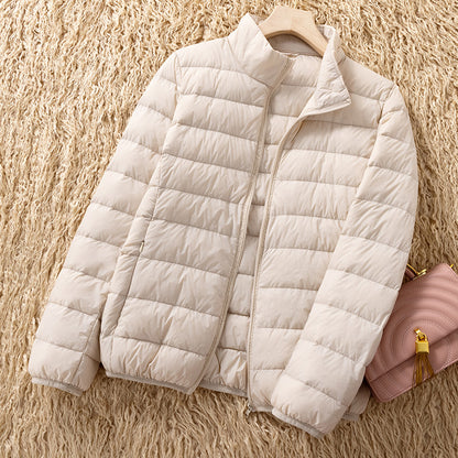 Light women's down jacket with stand-up collar