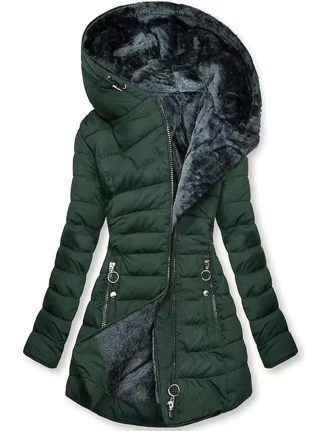 Women's quilted coat, tailored, with hood, medium length