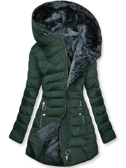 Women's quilted coat, tailored, with hood, medium length
